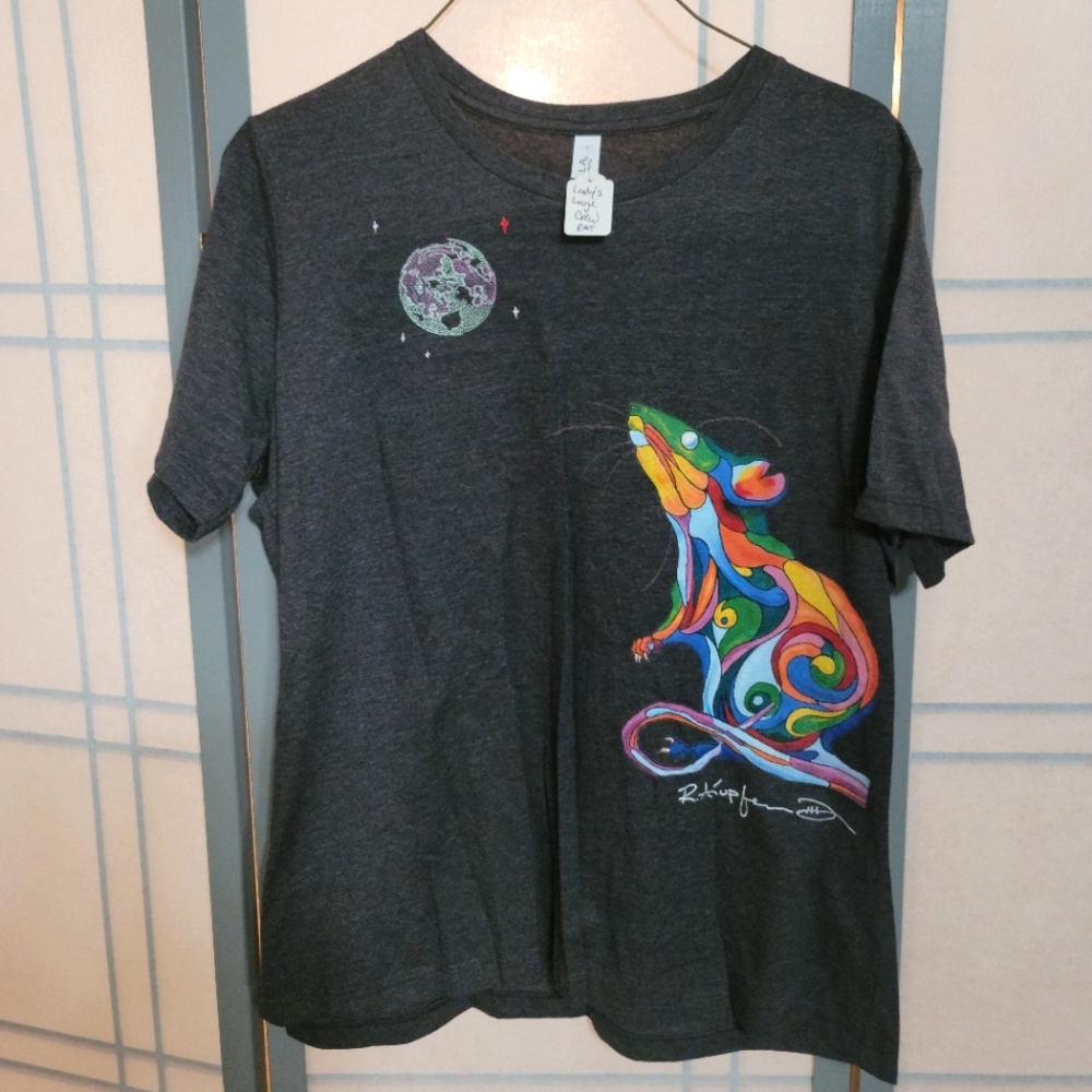 Embroidered Lady's Crew-Neck Graphic Tee "Rat" by rk3handcrafted